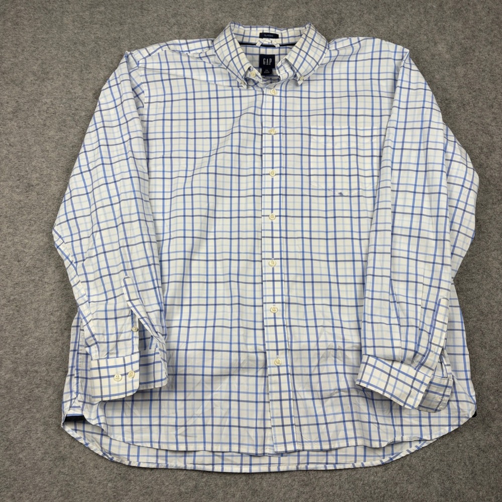 Gap Button Down Mens Double XL Blue White Plaid Classic Fit Long Sleeve Shirt